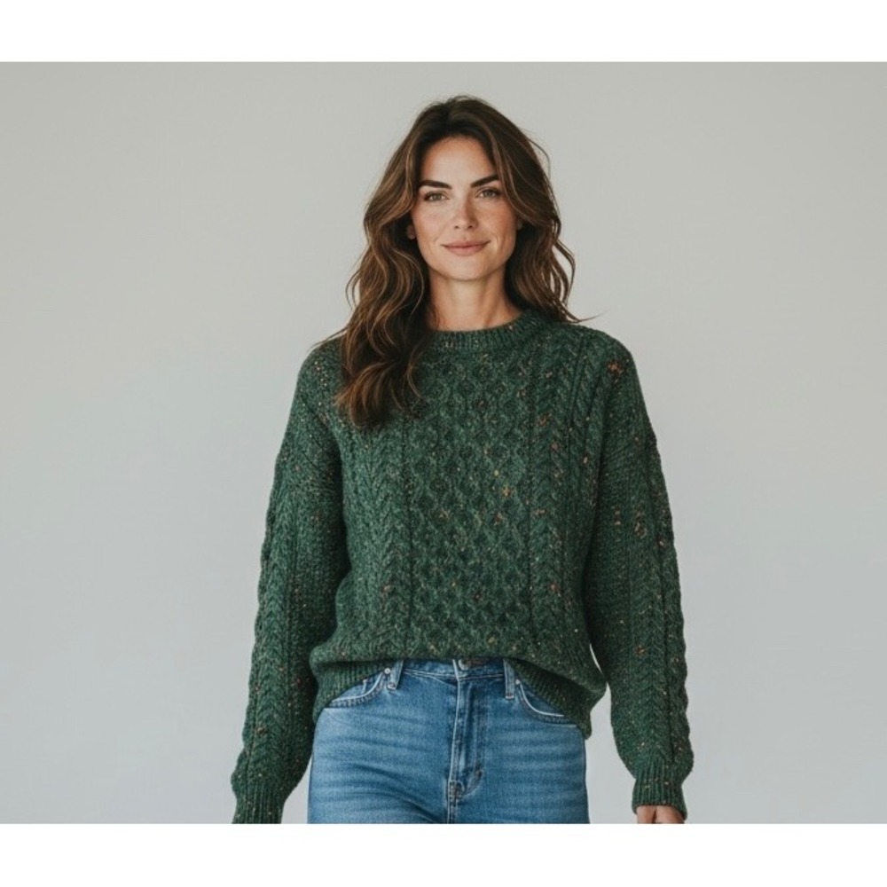 Blarney Woollen Mills Donegal Tweed Aran Knit Wool Sweater Green Womens Ireland